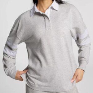 DSG WOMEN'S SO SOFT HENLEY LIGHT HEATHER GREY/WHITE STRIPE & COLLAR- LARGE (NWT)